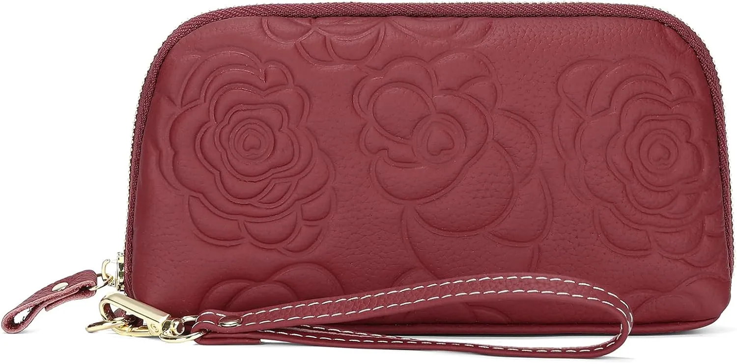 SENDEFN Leather Wristlet for Womens Wallet RFID Blocking Double Zip Cell Phone Clutch Purse
