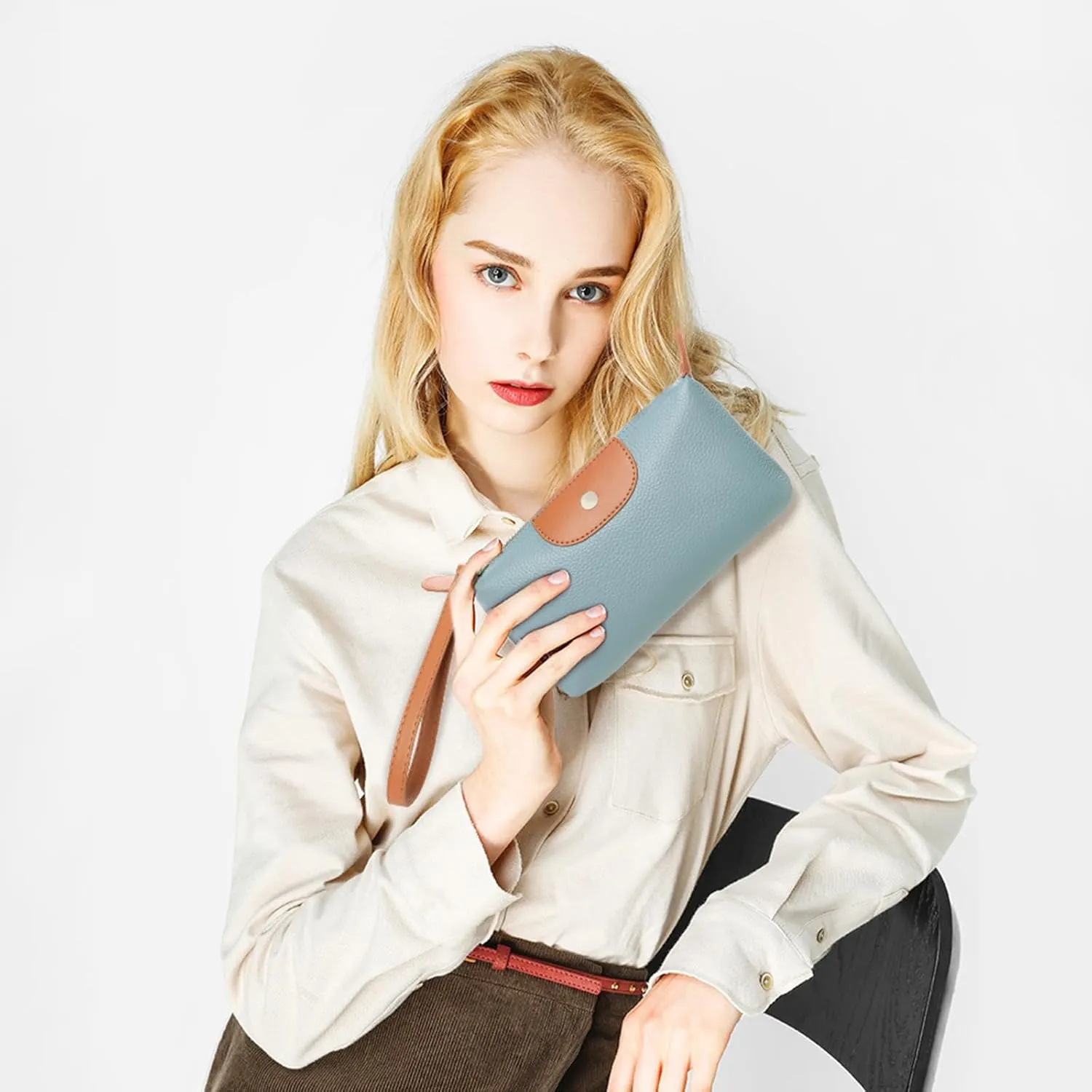 SENDEFN Leather Wristlet for Womens Wallet RFID Blocking Double Zip Cell Phone Clutch Purse