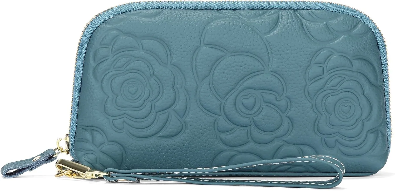 SENDEFN Leather Wristlet for Womens Wallet RFID Blocking Double Zip Cell Phone Clutch Purse