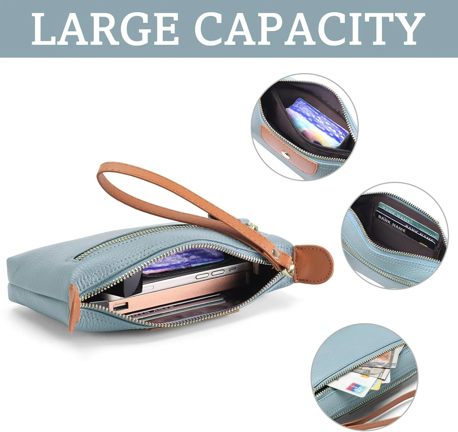 SENDEFN Leather Wristlet for Womens Wallet RFID Blocking Double Zip Cell Phone Clutch Purse