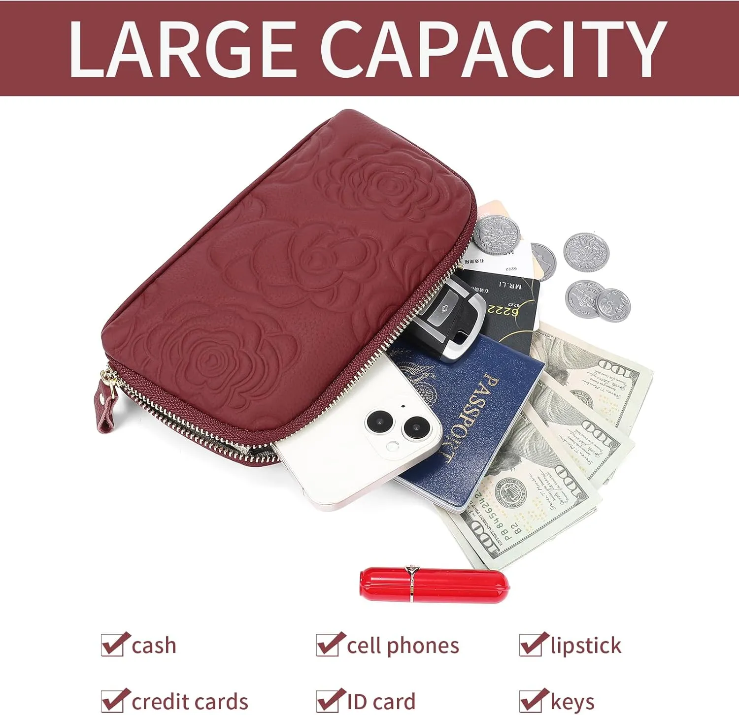 SENDEFN Leather Wristlet for Womens Wallet RFID Blocking Double Zip Cell Phone Clutch Purse