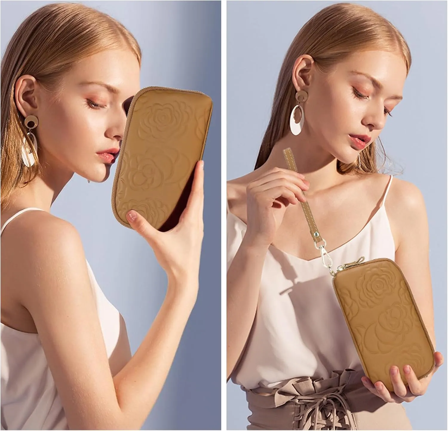 SENDEFN Leather Wristlet for Womens Wallet RFID Blocking Double Zip Cell Phone Clutch Purse