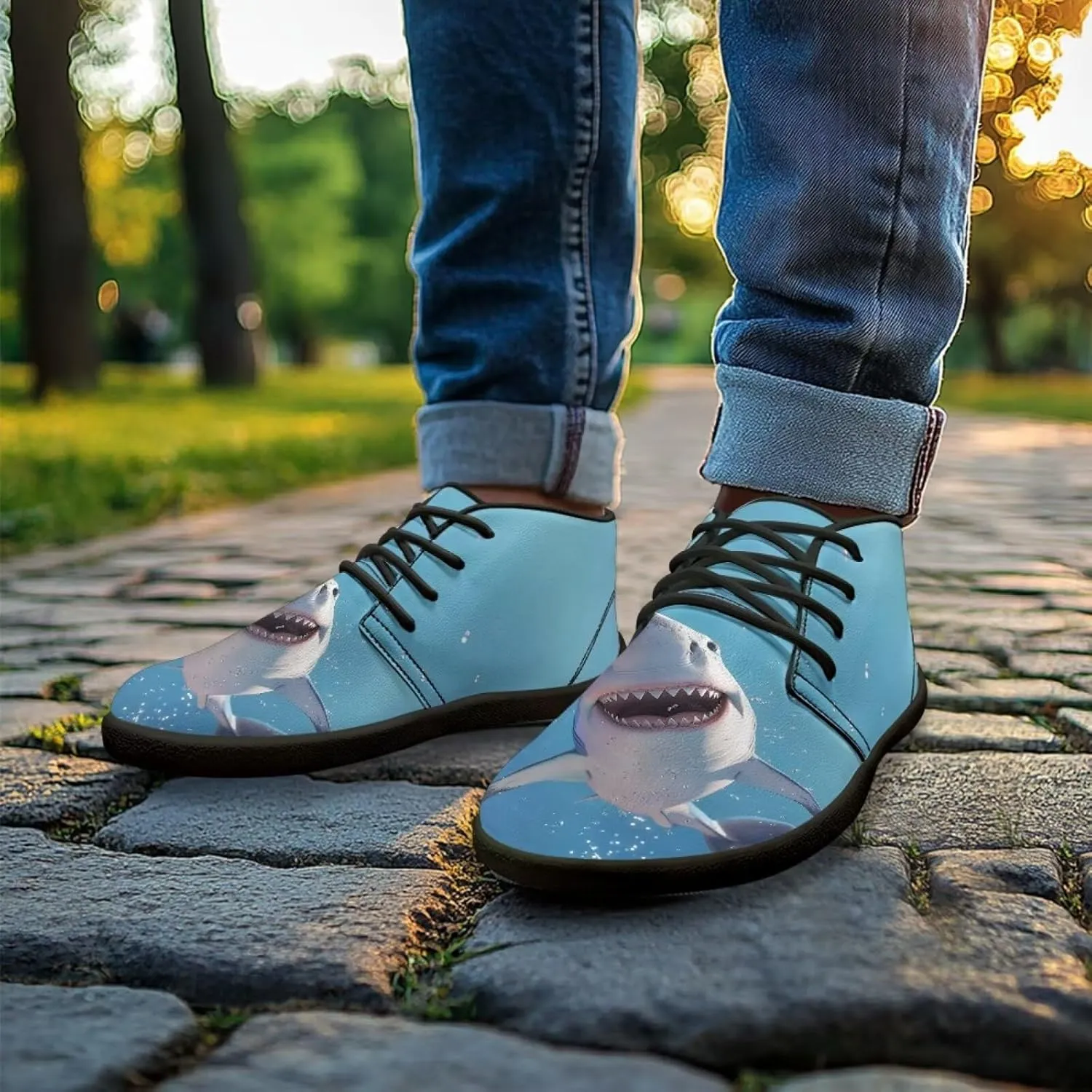 Sharks Design Zero Drop Barefoot Shoes - PU Leather Running Shoes, Grounded Footwear for Men