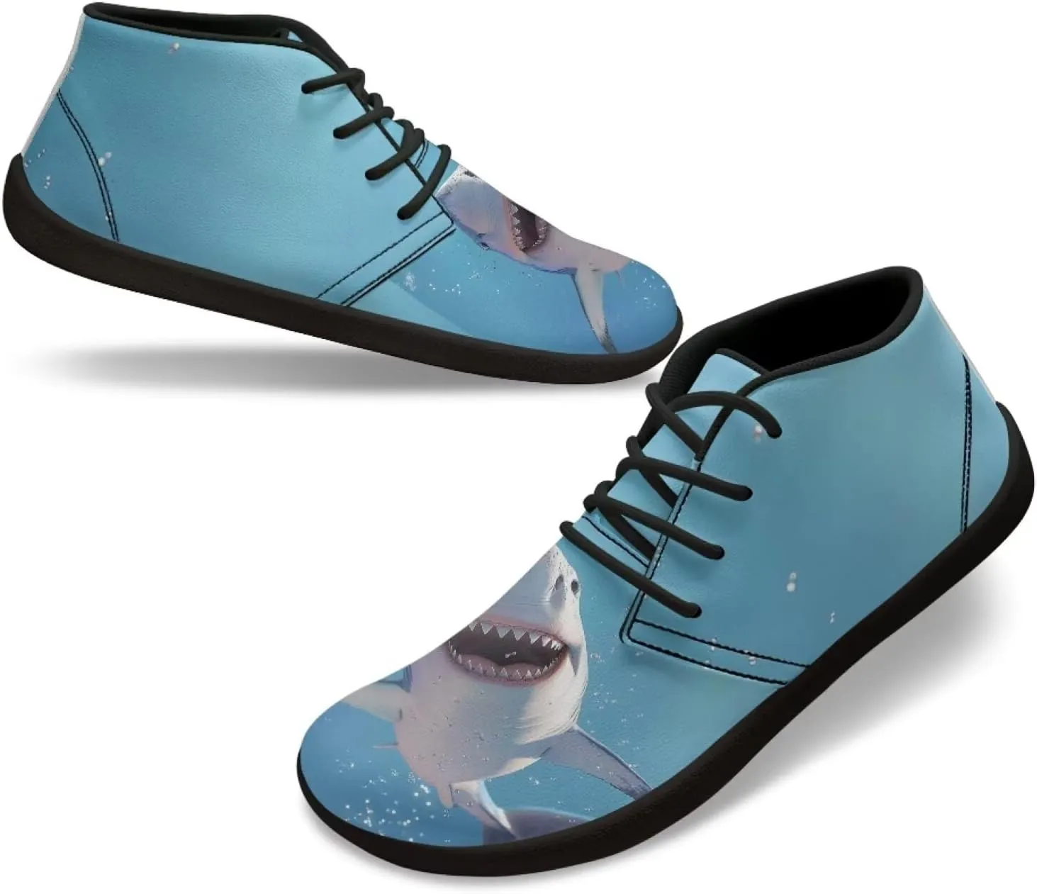 Sharks Design Zero Drop Barefoot Shoes - PU Leather Running Shoes, Grounded Footwear for Men