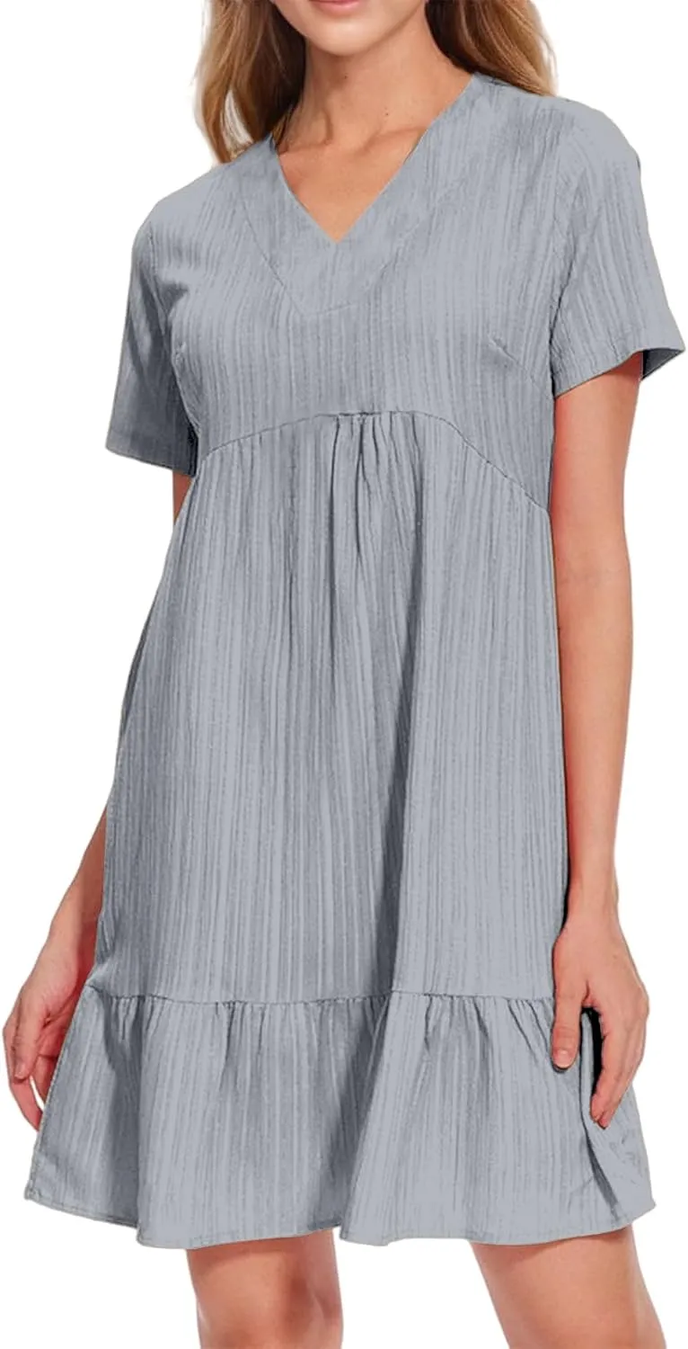 Short Sleeve Dress for Women Casual Summer V Neck Loose Ruffle Midi Dresses Solid Flowy Tiered Swing Beach Sundress
