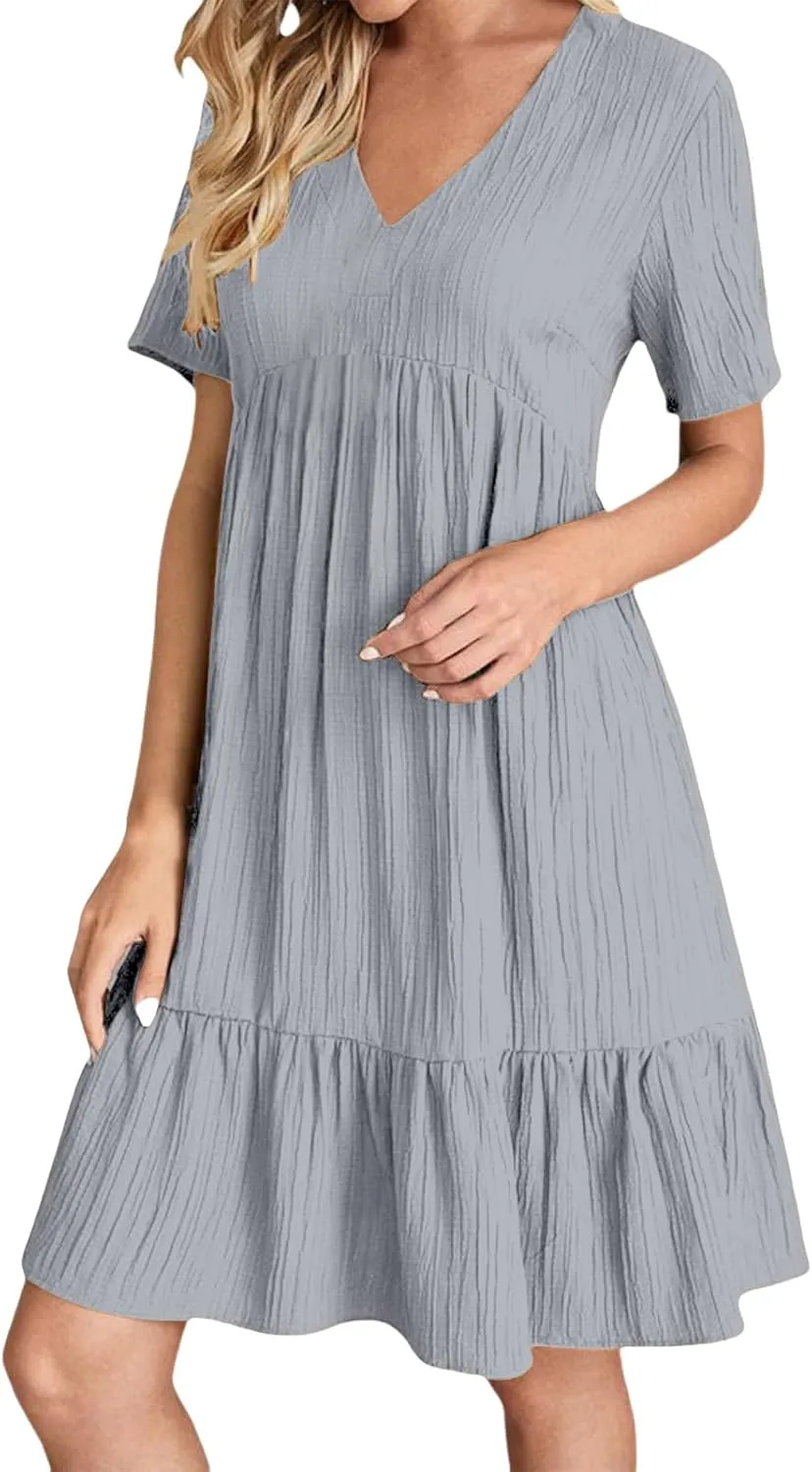 Short Sleeve Dress for Women Casual Summer V Neck Loose Ruffle Midi Dresses Solid Flowy Tiered Swing Beach Sundress
