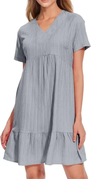 Short Sleeve Dress for Women Casual Summer V Neck Loose Ruffle Midi Dresses Solid Flowy Tiered Swing Beach Sundress