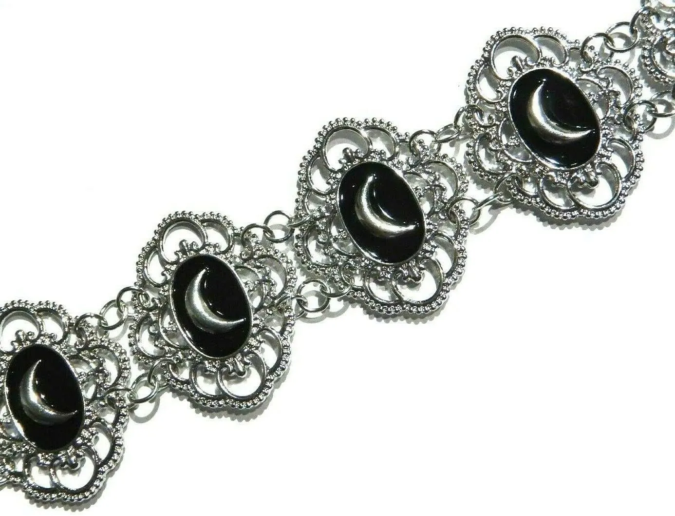 Silvertone & Black Metal Crescent Moon Link Chain Choker Necklace Silver, Black