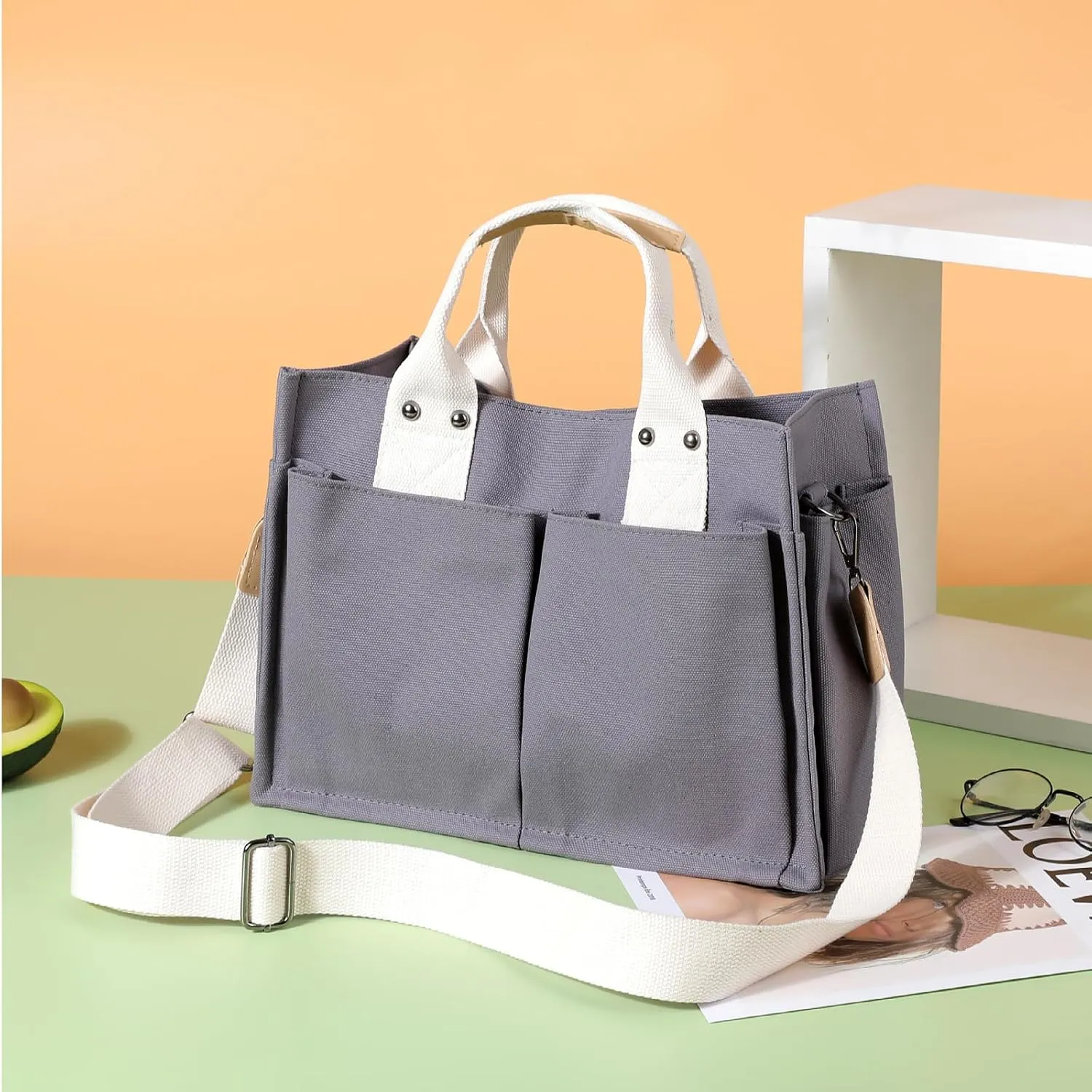 Simple and Fashionable Multi Pocket Canvas Tote Bags for Women
