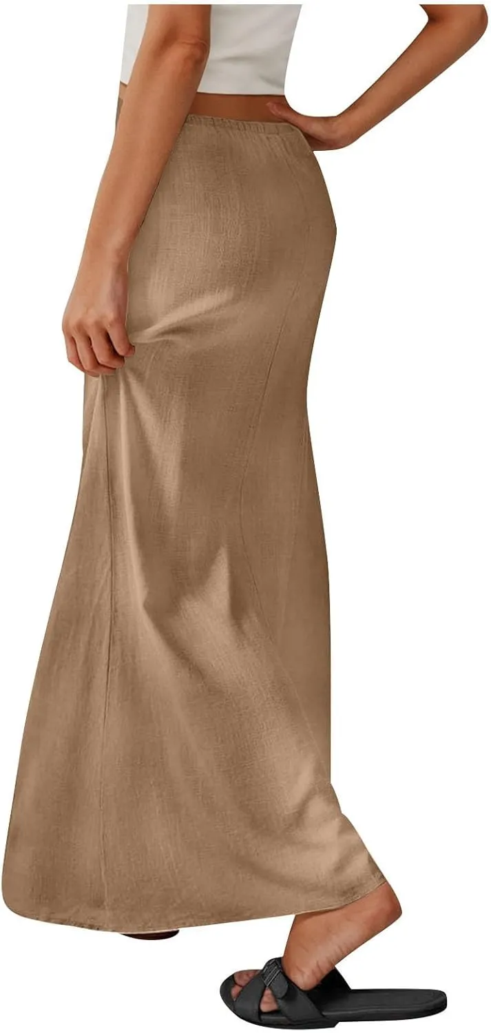 Skirt for Women Maxi Length Skorts Linen Slim Tunics Elastic Waist Basic Drawstring Casual Skort Women 2025 Y2K