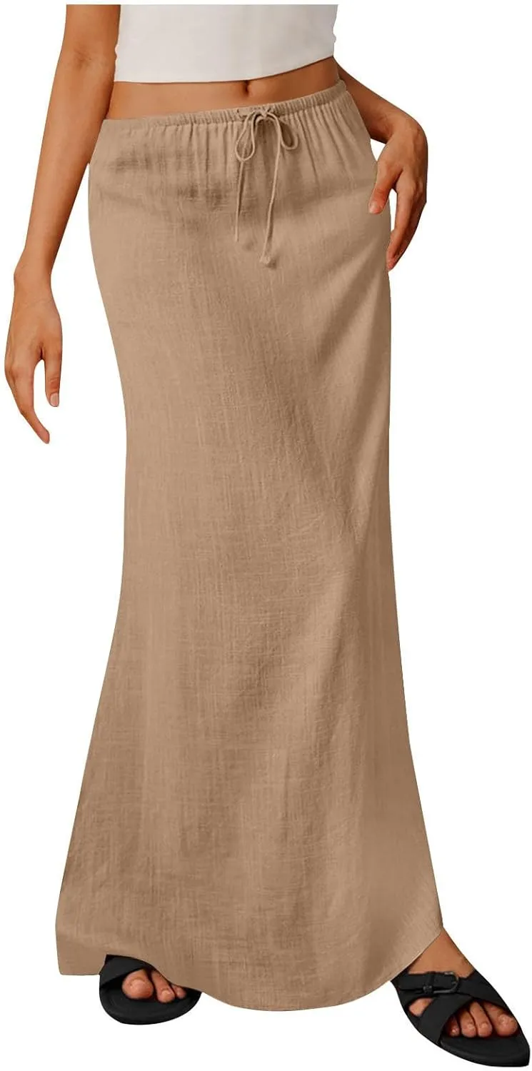 Skirt for Women Maxi Length Skorts Linen Slim Tunics Elastic Waist Basic Drawstring Casual Skort Women 2025 Y2K