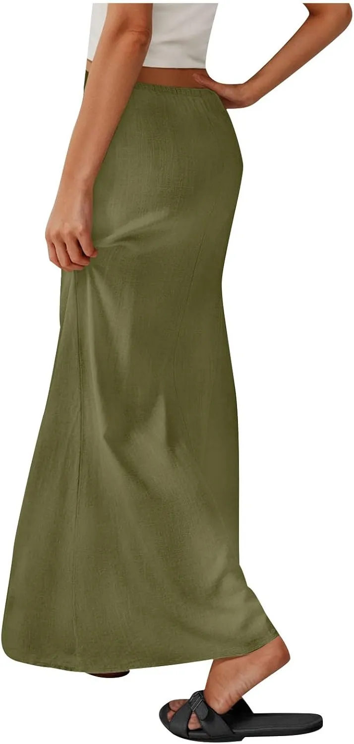 Skirt for Women Maxi Length Skorts Linen Slim Tunics Elastic Waist Basic Drawstring Casual Skort Women 2025 Y2K