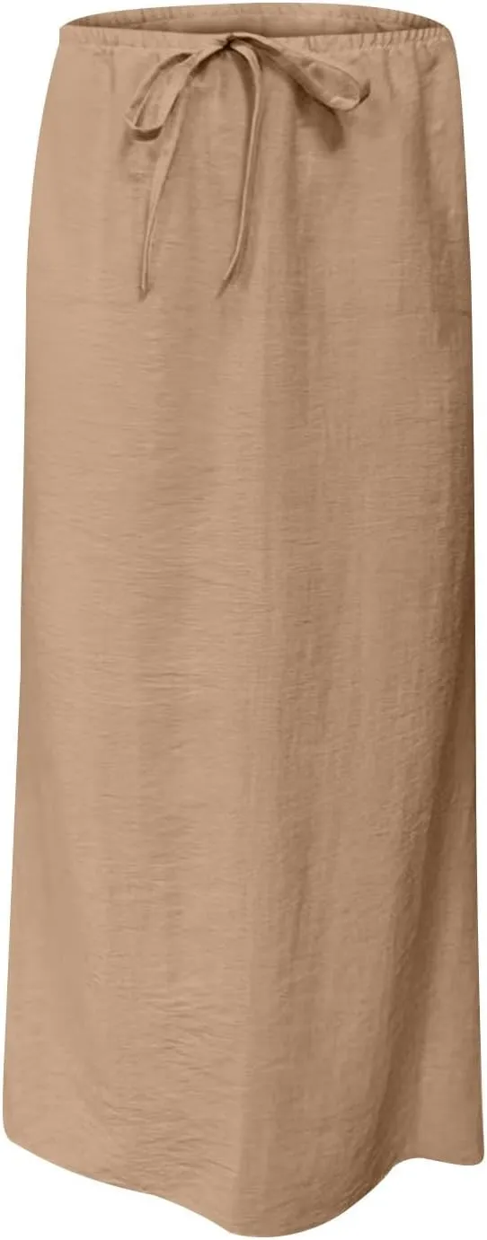 Skirt for Women Maxi Length Skorts Linen Slim Tunics Elastic Waist Basic Drawstring Casual Skort Women 2025 Y2K