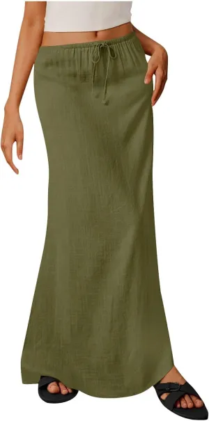 Skirt for Women Maxi Length Skorts Linen Slim Tunics Elastic Waist Basic Drawstring Casual Skort Women 2025 Y2K