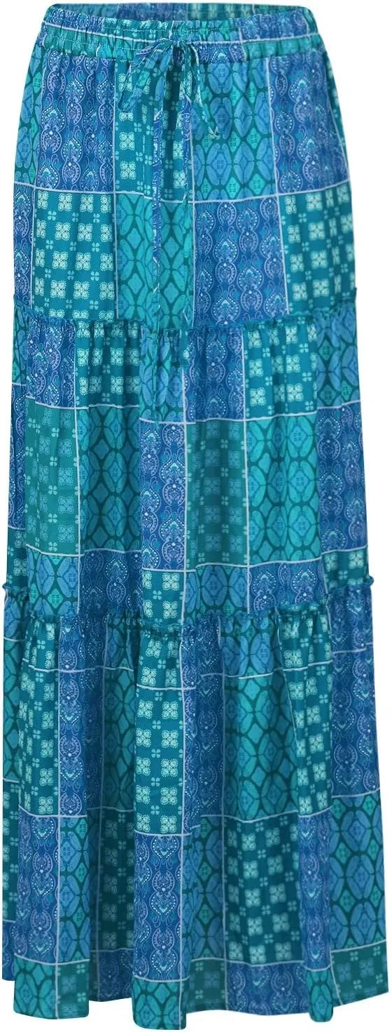 Skirts for Women,Flowy Long Skirts 2025 Pleated Womens Boho Maxi Skirt with Pockets Elastic High Waisted Summer