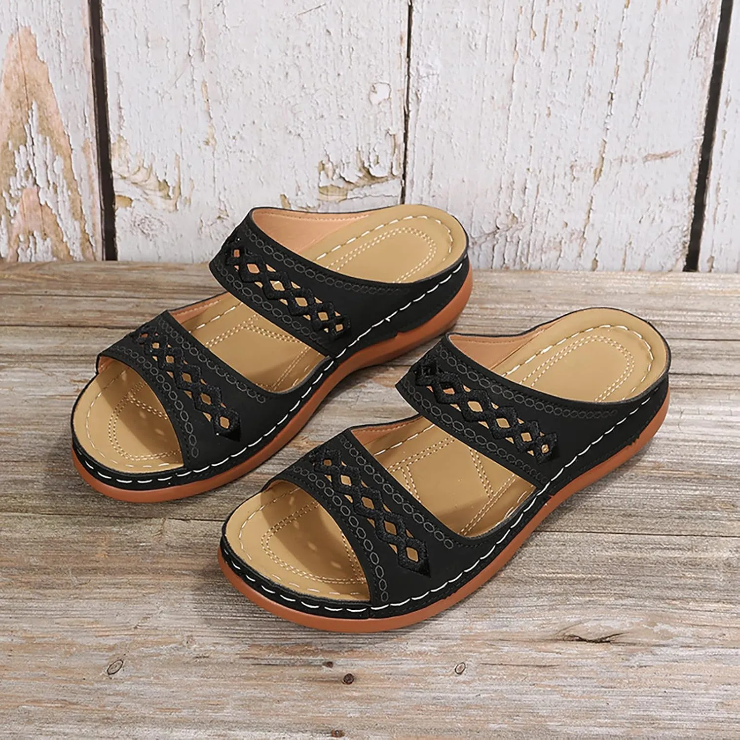Slide Sandals for Women Open Toe Slides Sandal Orthopedic Beach Shoes Slip on Leather Solid Slippers Casual Footwear