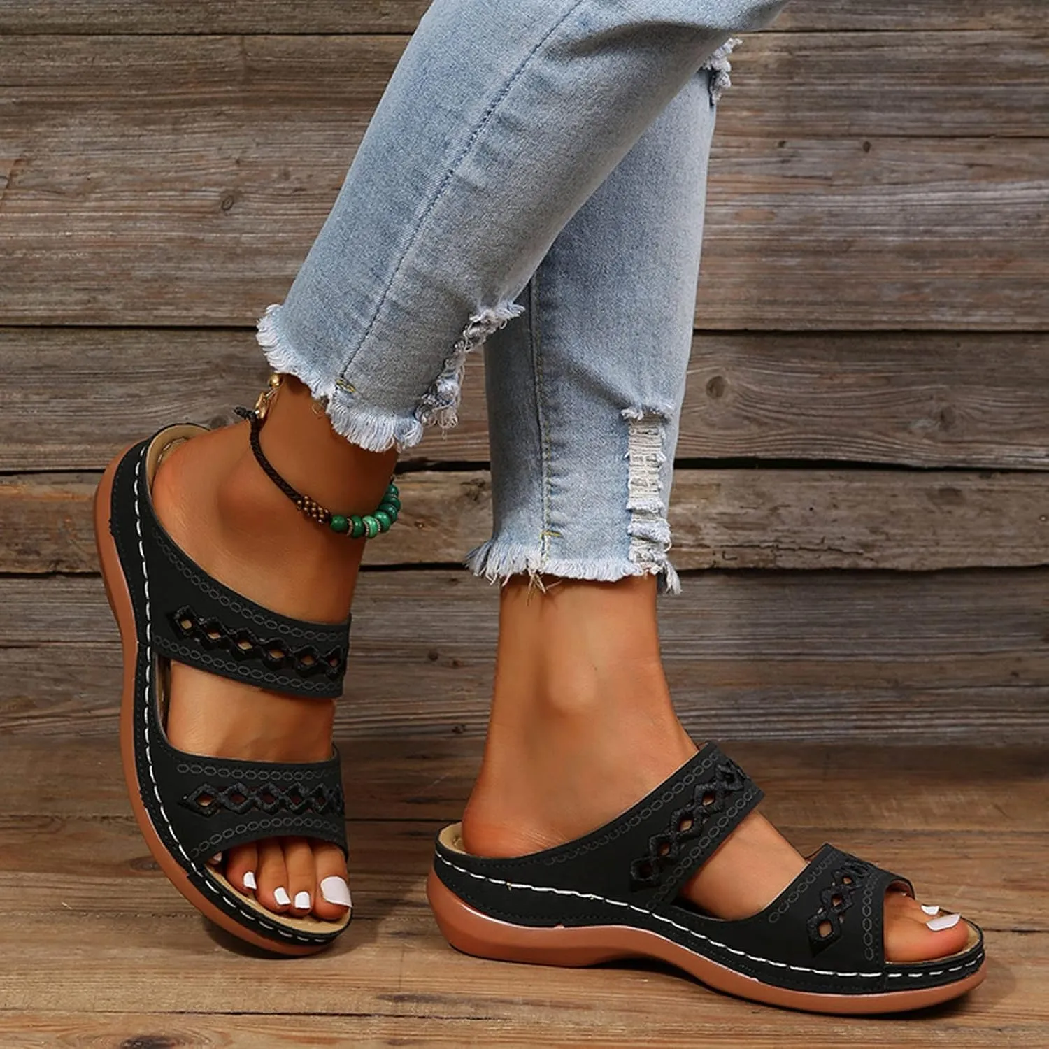 Slide Sandals for Women Open Toe Slides Sandal Orthopedic Beach Shoes Slip on Leather Solid Slippers Casual Footwear