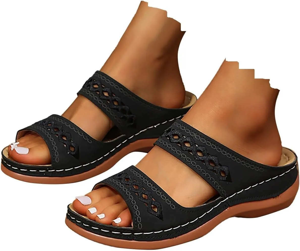 Slide Sandals for Women Open Toe Slides Sandal Orthopedic Beach Shoes Slip on Leather Solid Slippers Casual Footwear