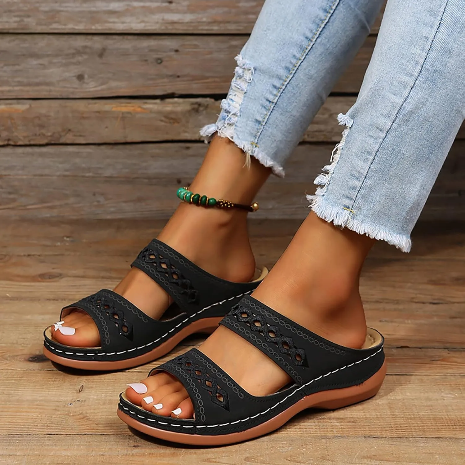 Slide Sandals for Women Open Toe Slides Sandal Orthopedic Beach Shoes Slip on Leather Solid Slippers Casual Footwear