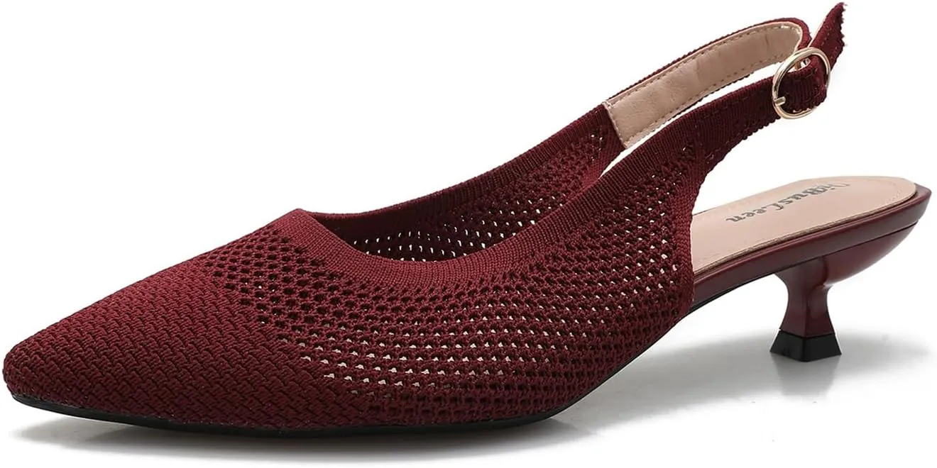 Slingback Kitten Heels for Women Pointed Closed Toe Knitted Slingbacks Comfortable Women's Ankle Strap Dress Slingback Low Kitten Pumps Shoes, Party Work