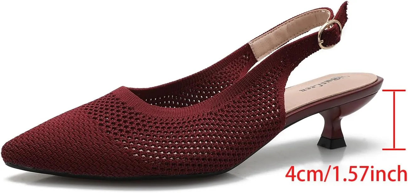 Slingback Kitten Heels for Women Pointed Closed Toe Knitted Slingbacks Comfortable Women's Ankle Strap Dress Slingback Low Kitten Pumps Shoes, Party Work