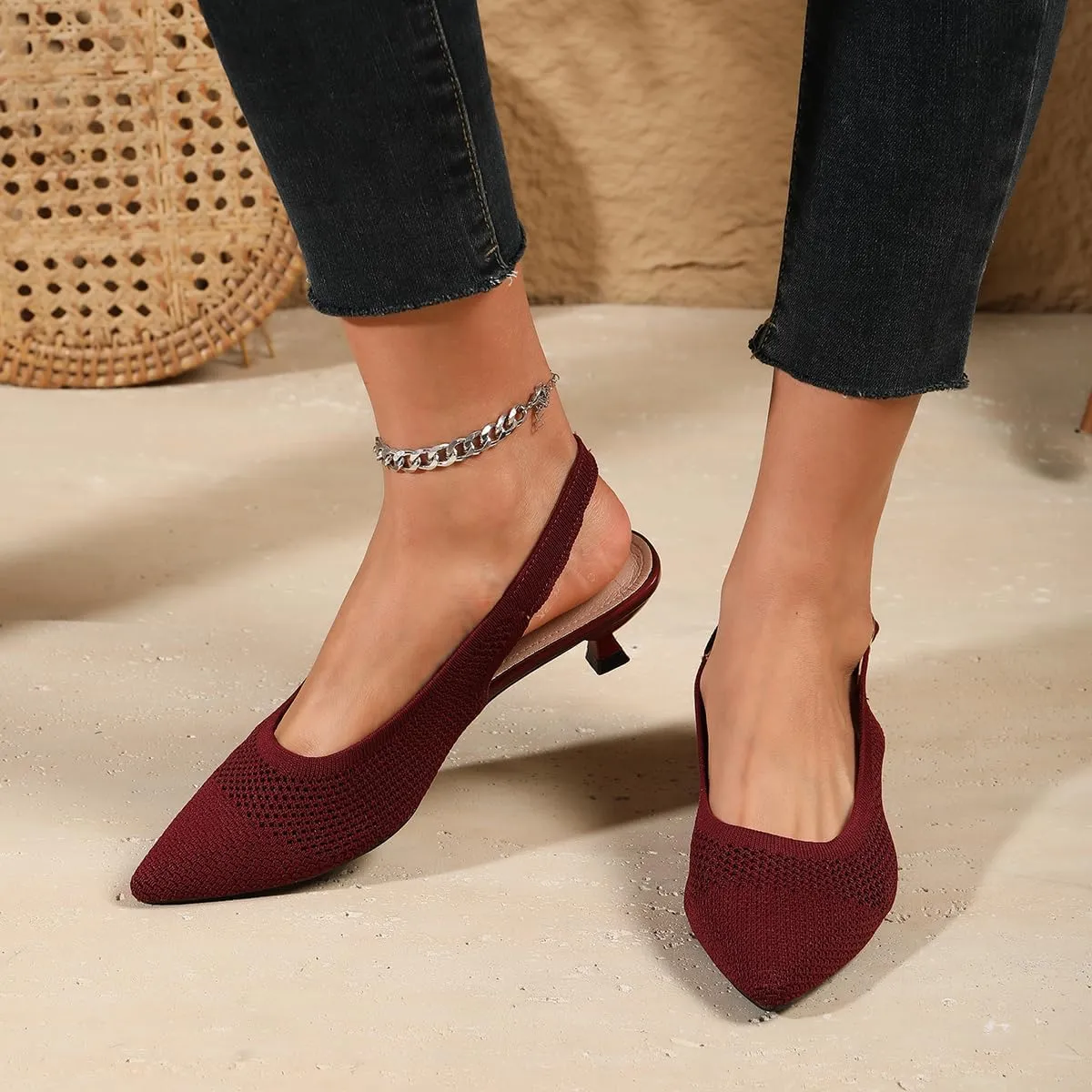 Slingback Kitten Heels for Women Pointed Closed Toe Knitted Slingbacks Comfortable Women's Ankle Strap Dress Slingback Low Kitten Pumps Shoes, Party Work