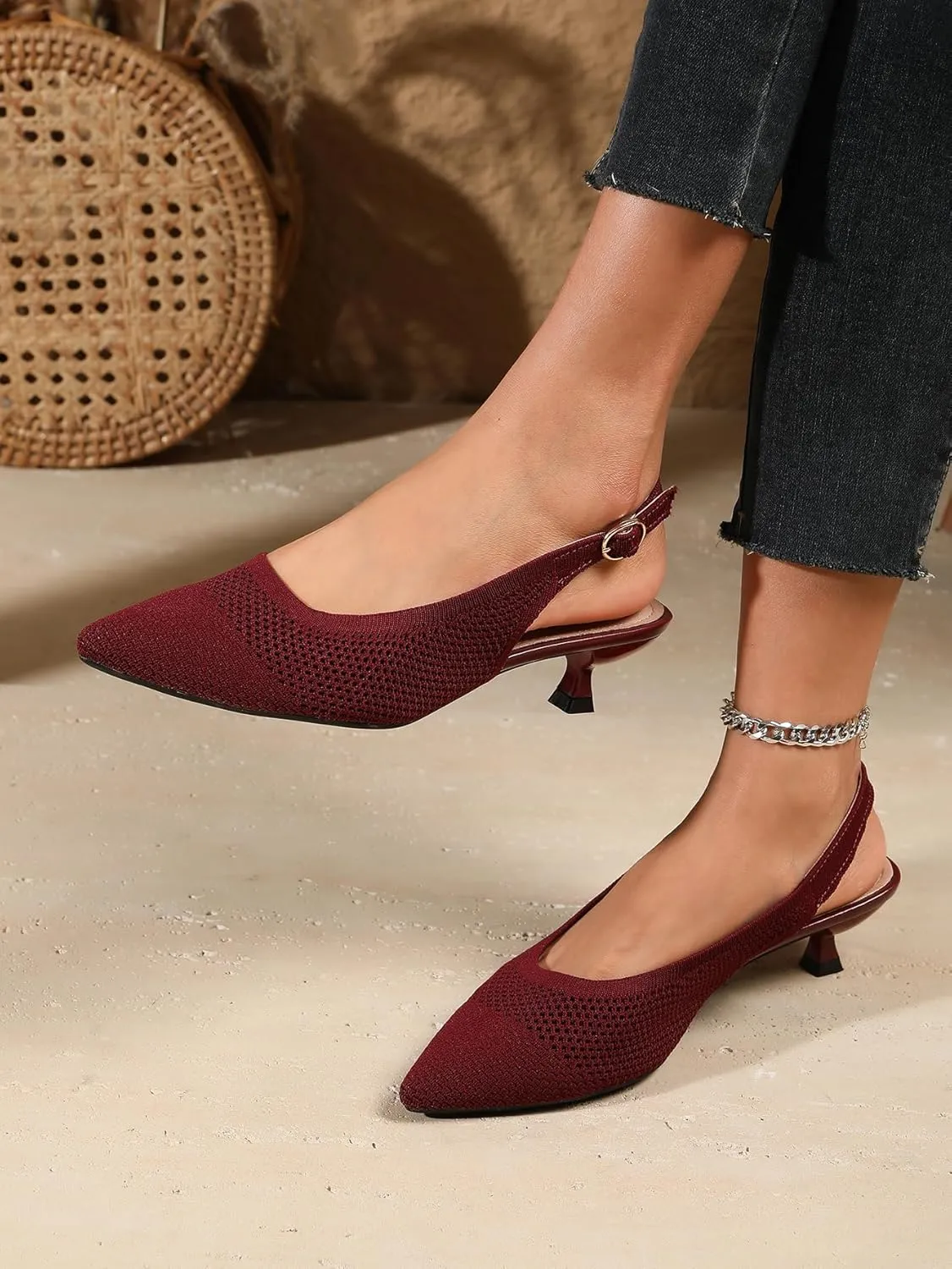 Slingback Kitten Heels for Women Pointed Closed Toe Knitted Slingbacks Comfortable Women's Ankle Strap Dress Slingback Low Kitten Pumps Shoes, Party Work
