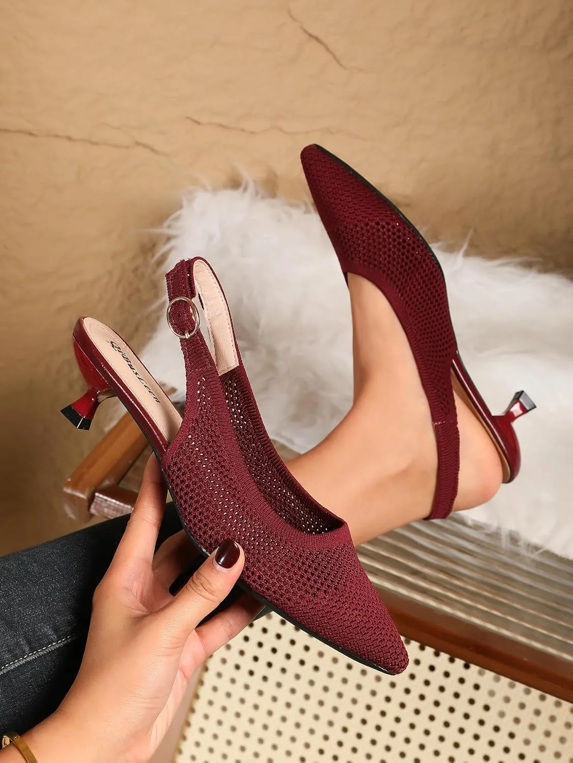 Slingback Kitten Heels for Women Pointed Closed Toe Knitted Slingbacks Comfortable Women's Ankle Strap Dress Slingback Low Kitten Pumps Shoes, Party Work