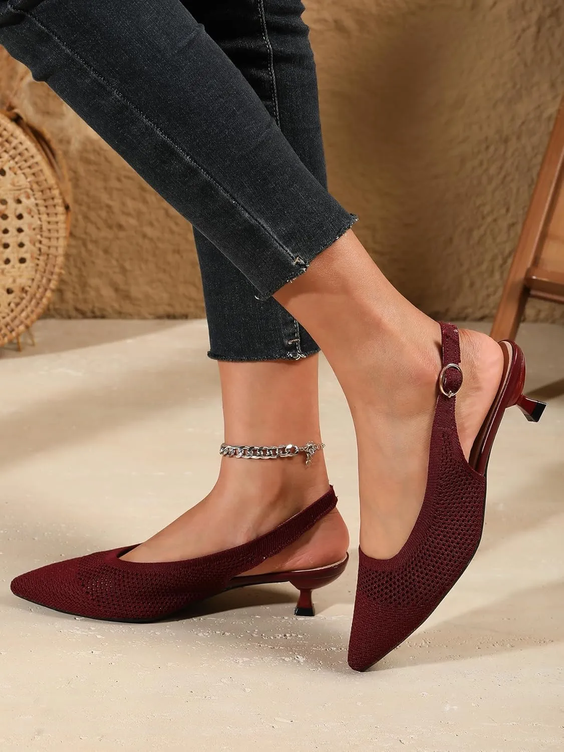 Slingback Kitten Heels for Women Pointed Closed Toe Knitted Slingbacks Comfortable Women's Ankle Strap Dress Slingback Low Kitten Pumps Shoes, Party Work