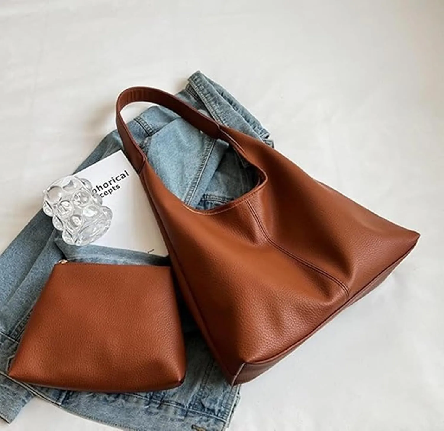 Slouchy Hobo Bags for Women Tote Bag,Retro PU Leather Crossbody Bags,Soft Shoulder Purses Handbag Large Capacity 2pcs