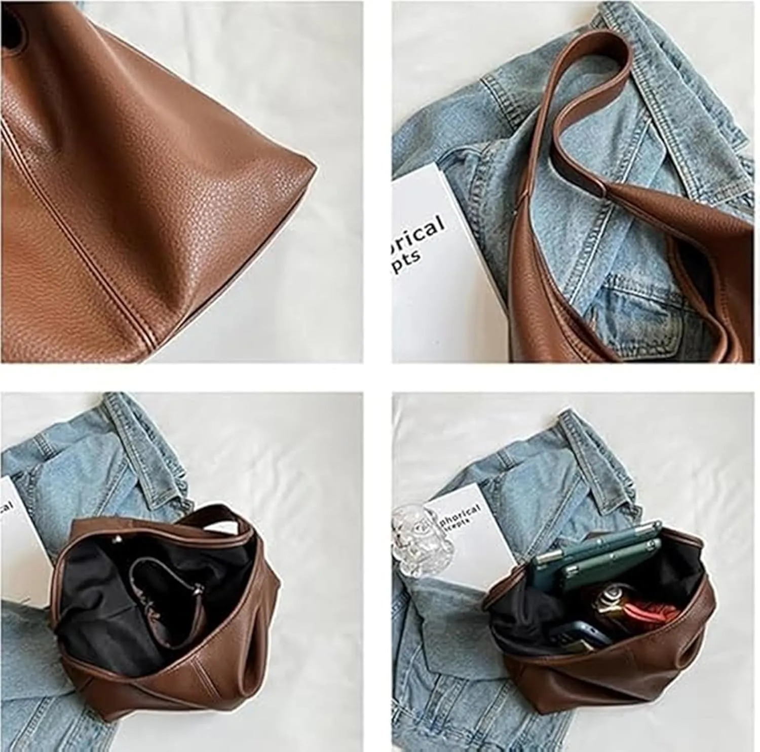 Slouchy Hobo Bags for Women Tote Bag,Retro PU Leather Crossbody Bags,Soft Shoulder Purses Handbag Large Capacity 2pcs