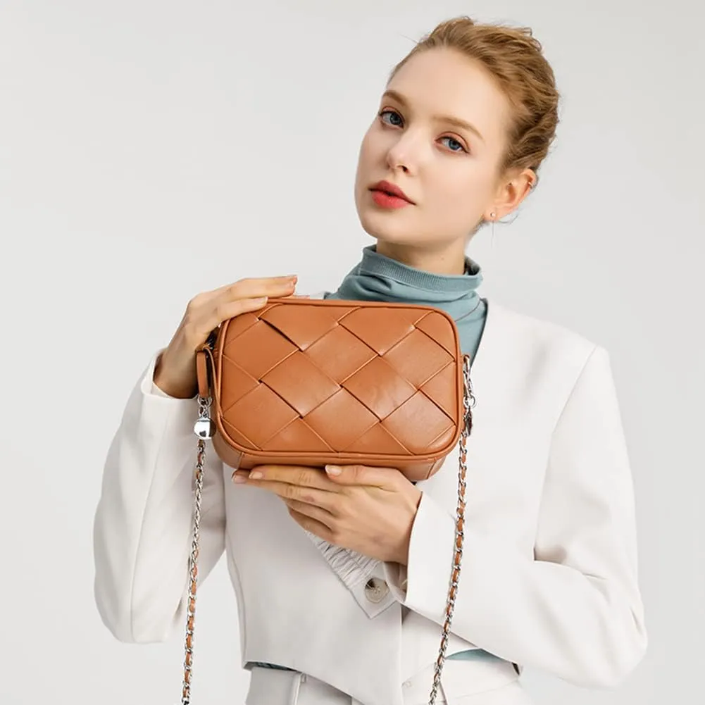 Small Crossbody Bags for Women Weave PU Leather Shoulder Purse Argyle Braided Ladies Handbag with Chain Messenger Bag