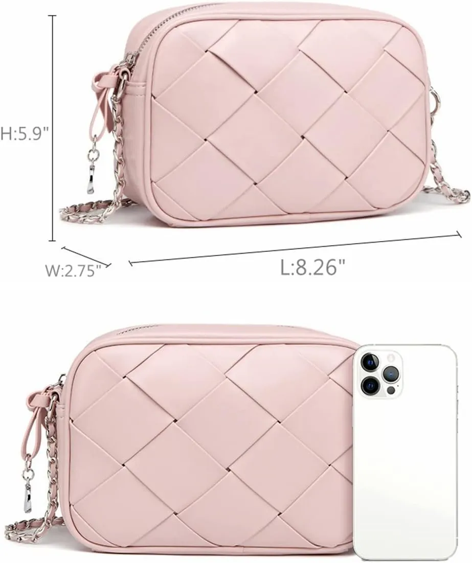 Small Crossbody Bags for Women Weave PU Leather Shoulder Purse Argyle Braided Ladies Handbag with Chain Messenger Bag