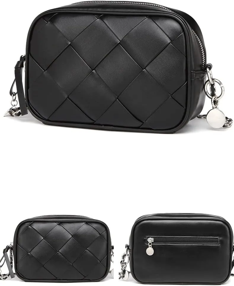 Small Crossbody Bags for Women Weave PU Leather Shoulder Purse Argyle Braided Ladies Handbag with Chain Messenger Bag