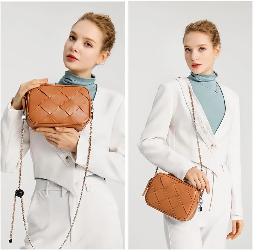 Small Crossbody Bags for Women Weave PU Leather Shoulder Purse Argyle Braided Ladies Handbag with Chain Messenger Bag