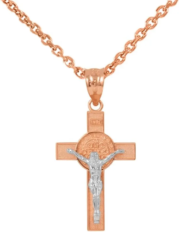 Solid 10k Two-Tone Rose Gold St. Benedict Crucifix Cross Pendant Necklace (1.10")