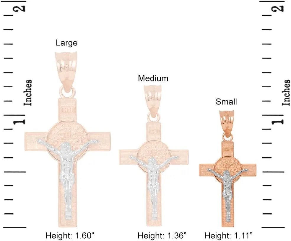 Solid 10k Two-Tone Rose Gold St. Benedict Crucifix Cross Pendant Necklace (1.10")