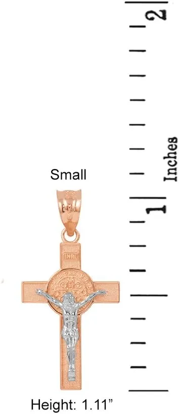 Solid 10k Two-Tone Rose Gold St. Benedict Crucifix Cross Pendant Necklace (1.10")