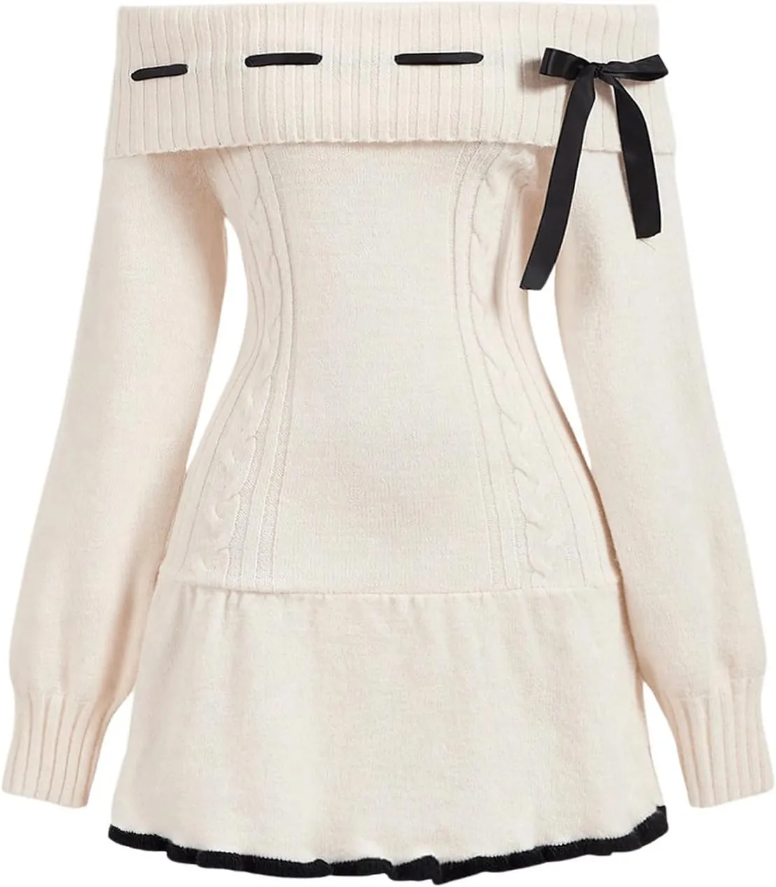 SOLY HUX Women's Off The Shoulder Sweater Dress Bowknot Knit Mini Dresses Bodycon Long Sleeve Sweater Dress 2024 Trendy