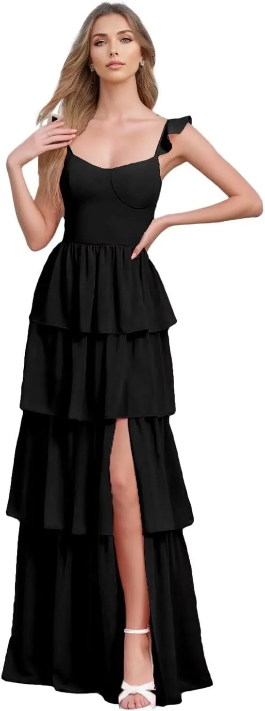Spaghetti Straps Bridesmaid Dresses for Women Ruffles Chiffon Prom Dress Long Tiered Formal Evening Dresses with Slit