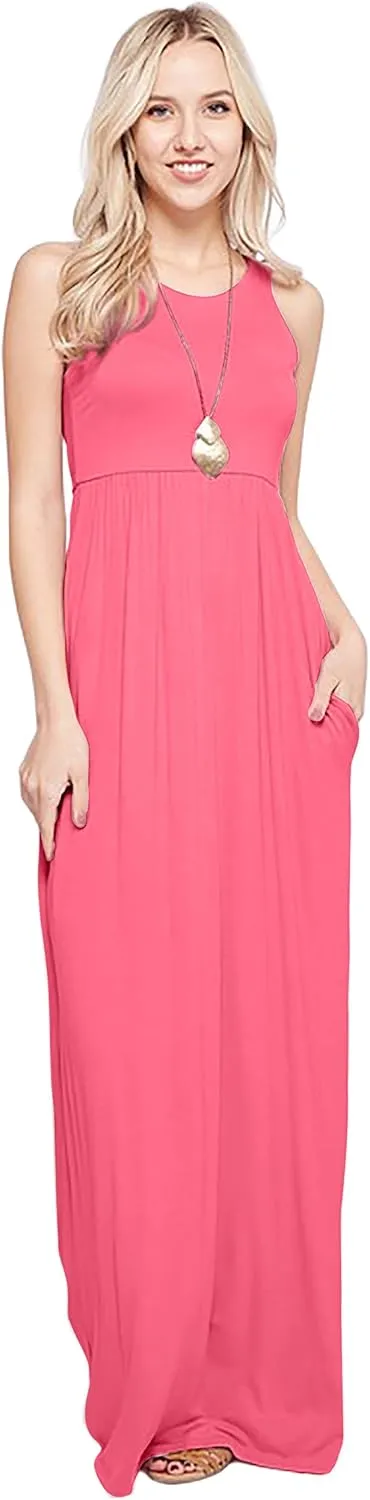 Sportoli Maxi Dresses for Women Solid Lightweight Long Racerback Sleeveless W/Pocket -Coral (Large)
