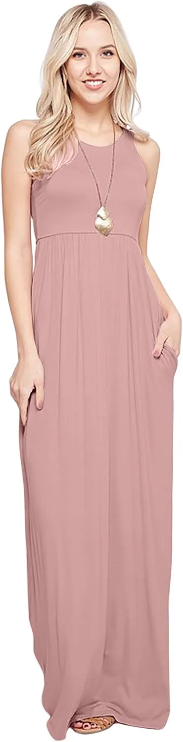 Sportoli Maxi Dresses for Women Solid Lightweight Long Racerback Sleeveless W/Pocket -Dusty Pink (Large)