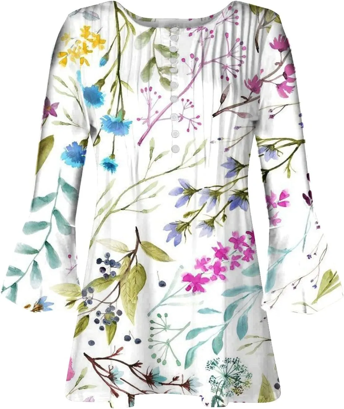Spring Summer Tops for Women 2024 Trendy Floral Print Bohemian Shirts Casual Button Up 3/4 Sleeve Empire Waist Blouse