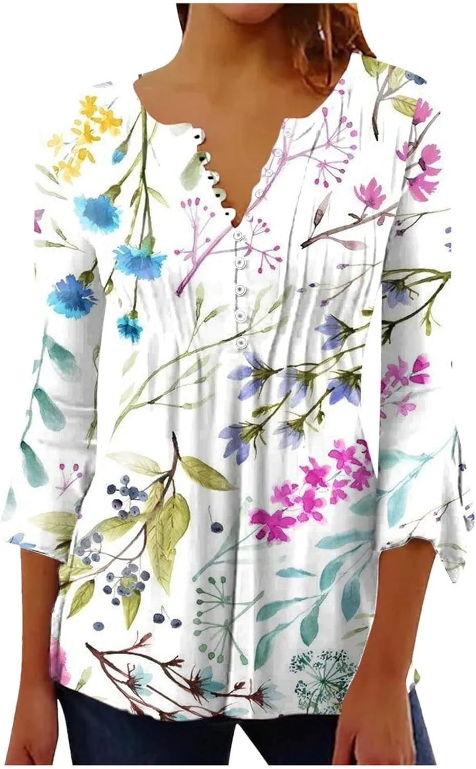 Spring Summer Tops for Women 2024 Trendy Floral Print Bohemian Shirts Casual Button Up 3/4 Sleeve Empire Waist Blouse
