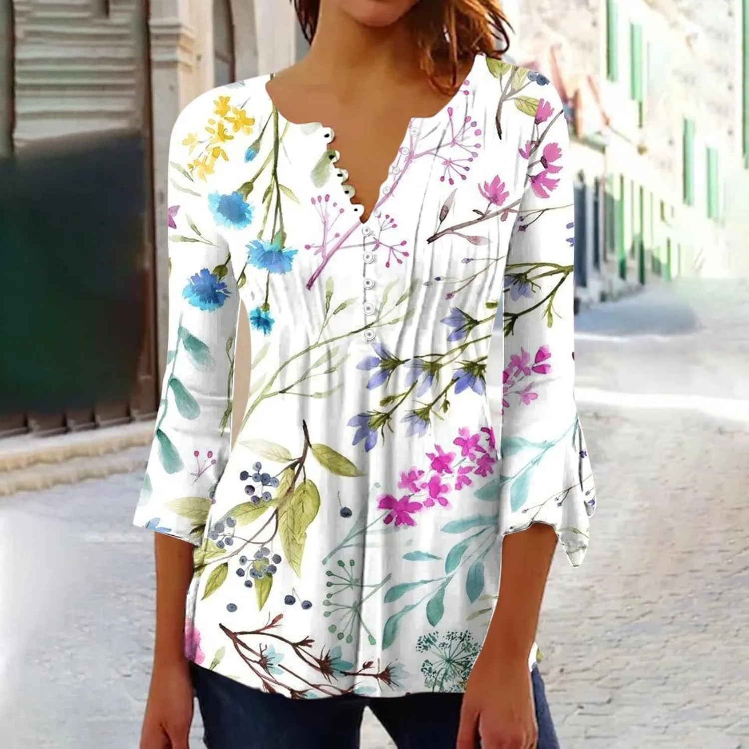 Spring Summer Tops for Women 2024 Trendy Floral Print Bohemian Shirts Casual Button Up 3/4 Sleeve Empire Waist Blouse