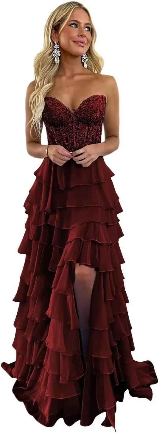 Strapless Lace Corset Prom Dresses with Slit 2025 Chiffon Tiered Ball Gowns Long Formal Evening Gowns XOD0446
