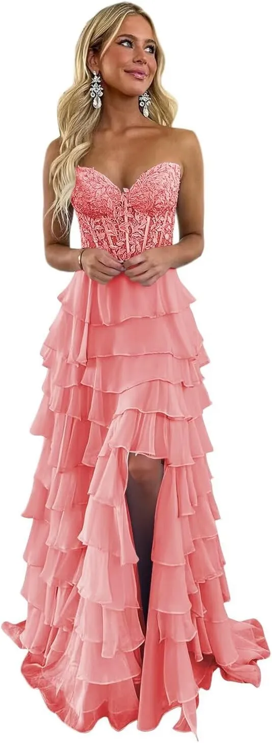 Strapless Lace Corset Prom Dresses with Slit 2025 Chiffon Tiered Ball Gowns Long Formal Evening Gowns XOD0446