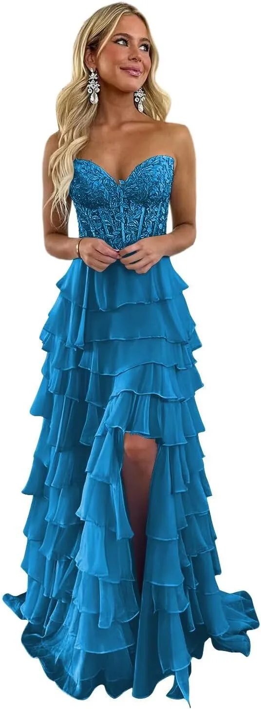 Strapless Lace Corset Prom Dresses with Slit 2025 Chiffon Tiered Ball Gowns Long Formal Evening Gowns XOD0446