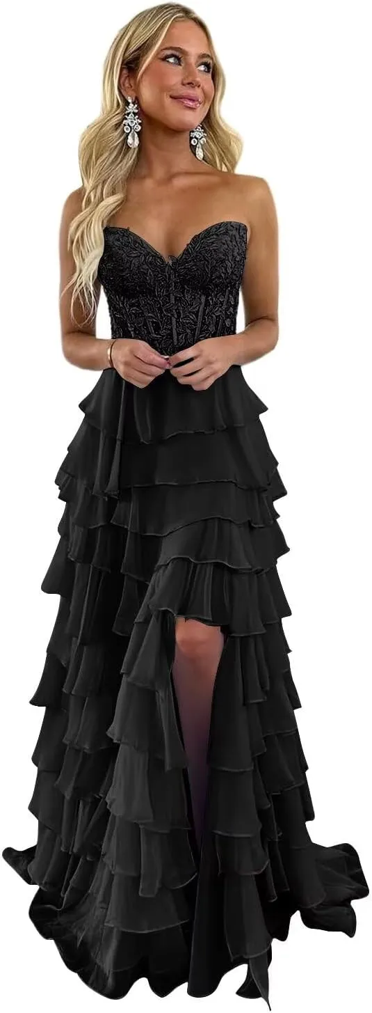 Strapless Lace Corset Prom Dresses with Slit 2025 Chiffon Tiered Ball Gowns Long Formal Evening Gowns XOD0446