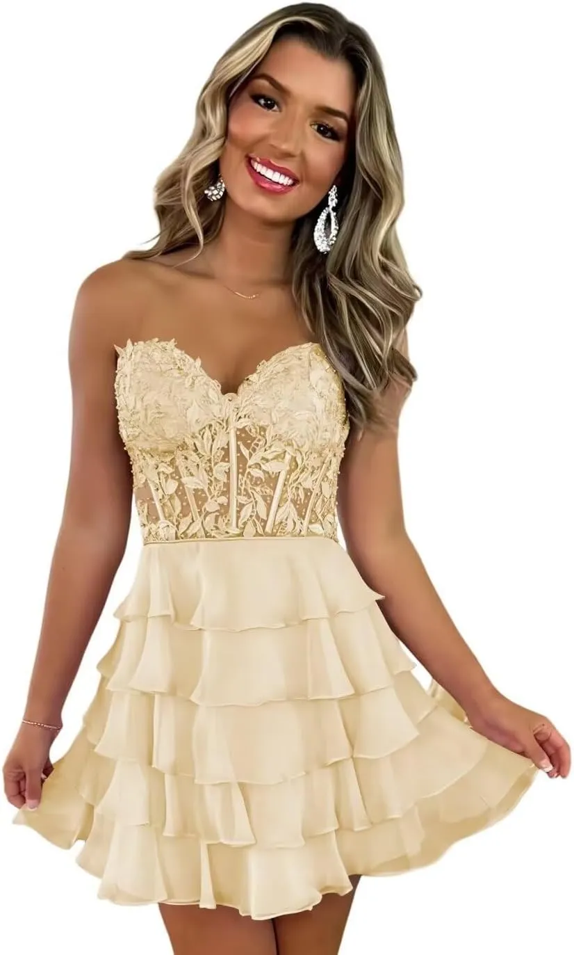 Strapless Tiered Lace Homecoming Dresses for Teens 2025 Sweetheart Chiffon Corset Prom Dress Short Cocktail Party Gown